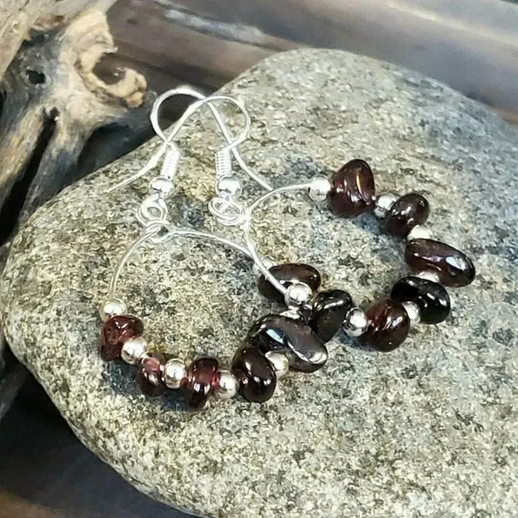 Handcrafted Baroque Garnet Gemstone Sterling Silver Plated Beads Earrings - Picture 4 of 8